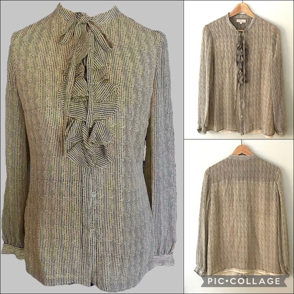 Tory Burch Tops - Tory Burch 100% Silk Ruffle Stitch Print Pinstripe Blouse